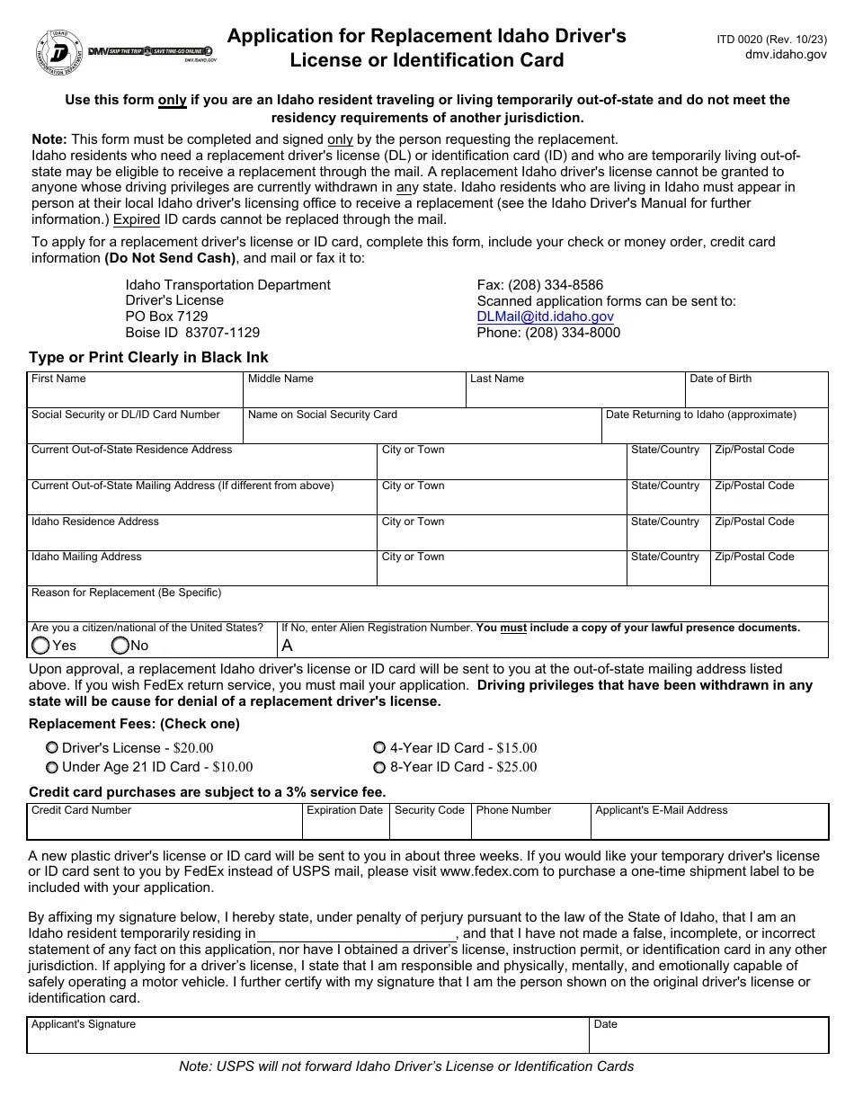 Form ITD0020 Fill Out, Sign Online and Download Fillable PDF, Idaho