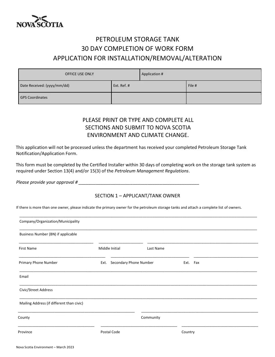 Nova Scotia Canada Petroleum Storage Tank 30 Day Completion of Work