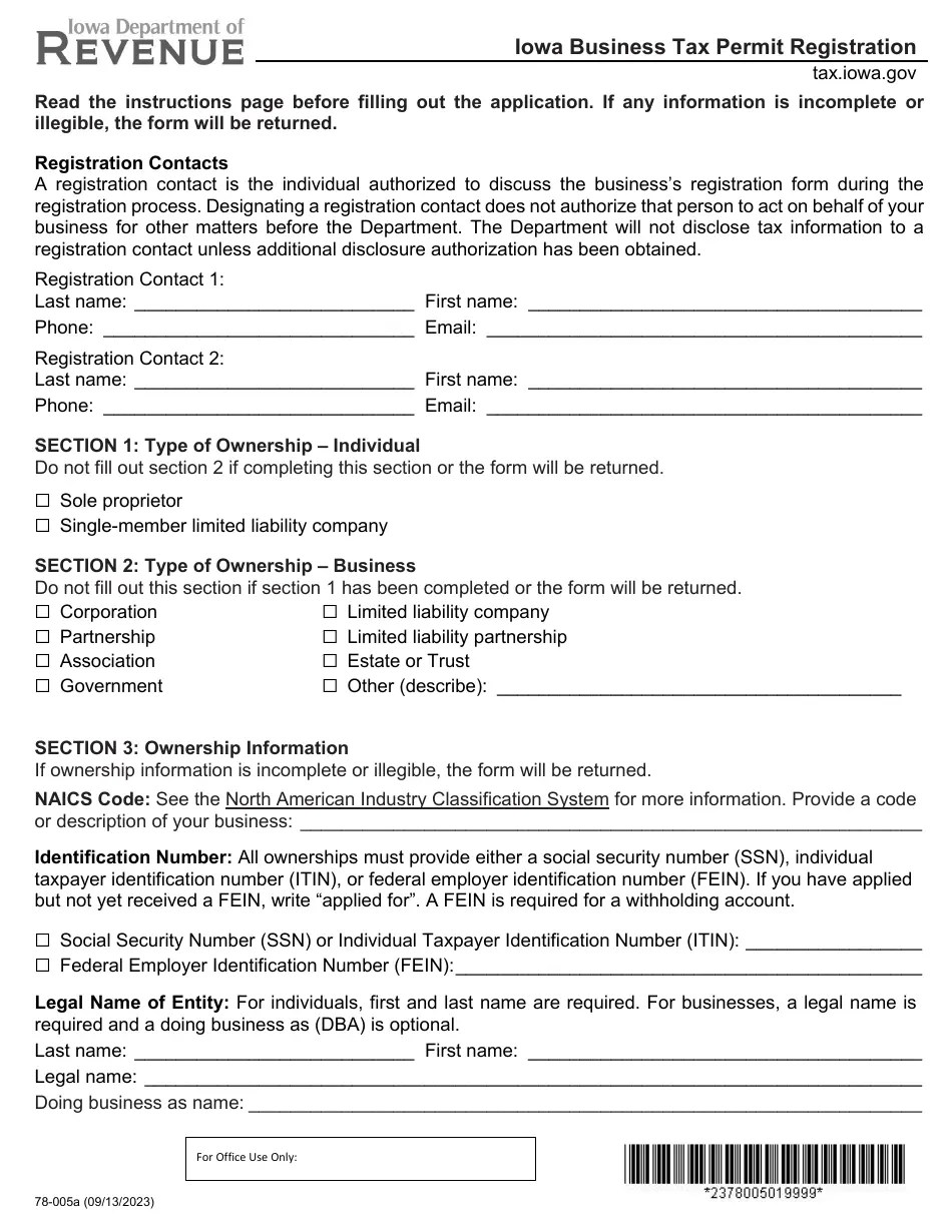 Form 78005 Download Fillable PDF or Fill Online Iowa Business Tax