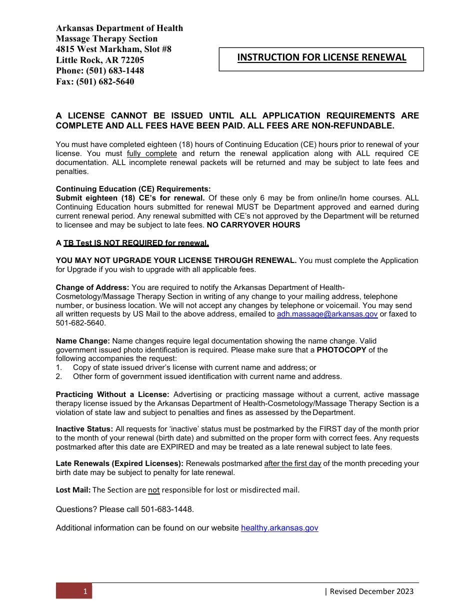 Arkansas Massage Therapist License Renewal Download Printable PDF
