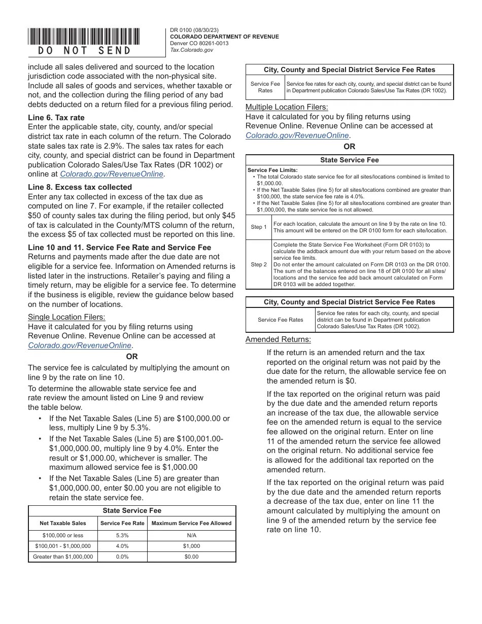 Form DR0100 Download Fillable PDF or Fill Online Colorado Retail Sales Tax Return, Colorado