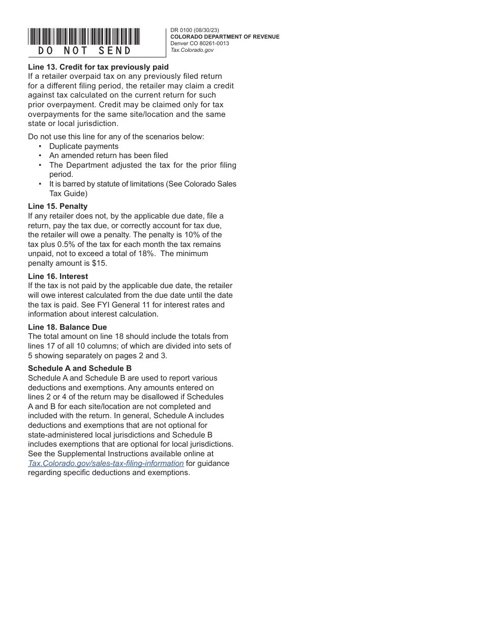 Form DR0100 Download Fillable PDF or Fill Online Colorado Retail Sales Tax Return, Colorado