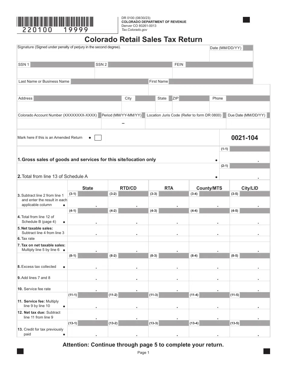 Form DR0100 Download Fillable PDF or Fill Online Colorado Retail Sales Tax Return, Colorado