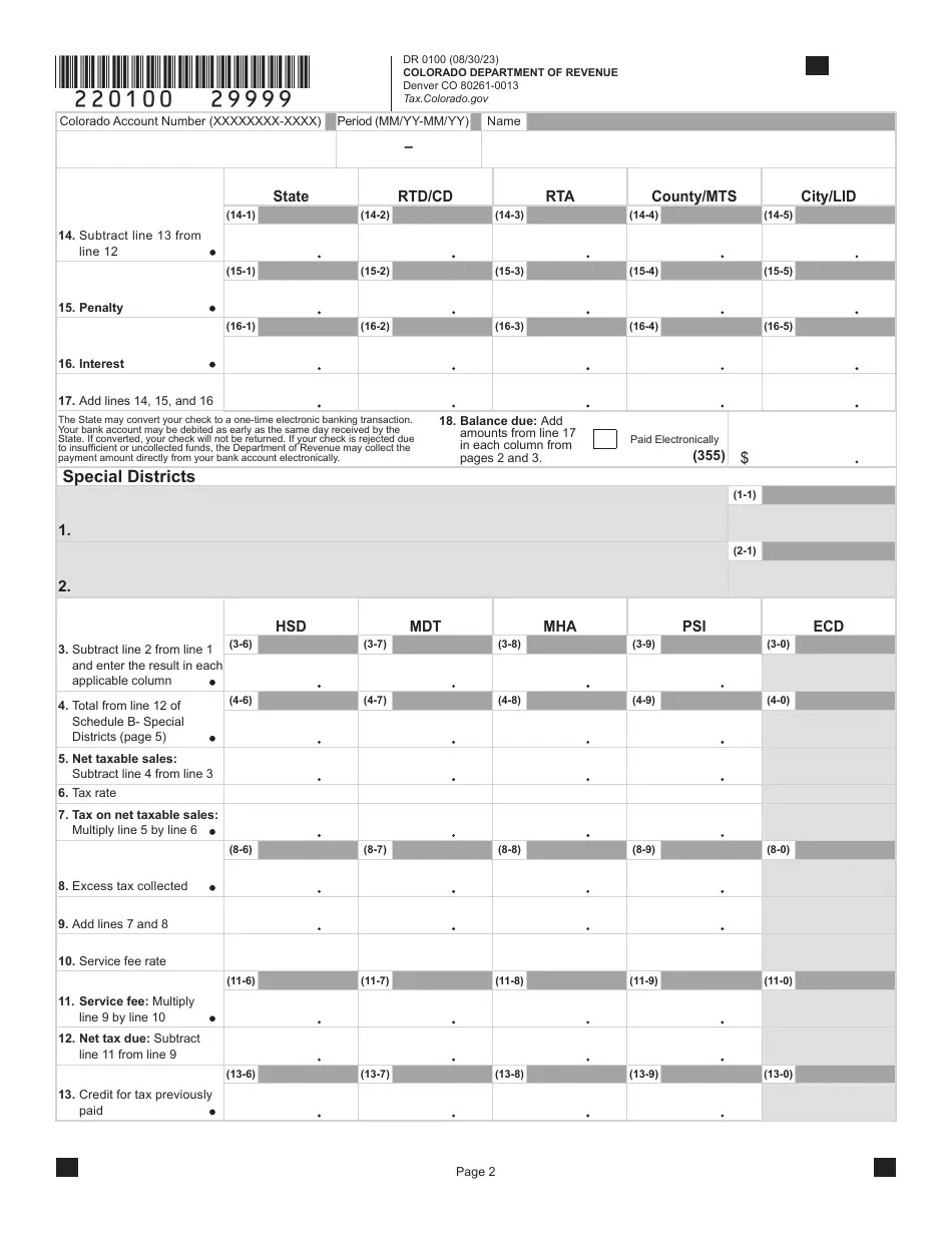 Form DR0100 Download Fillable PDF or Fill Online Colorado Retail Sales