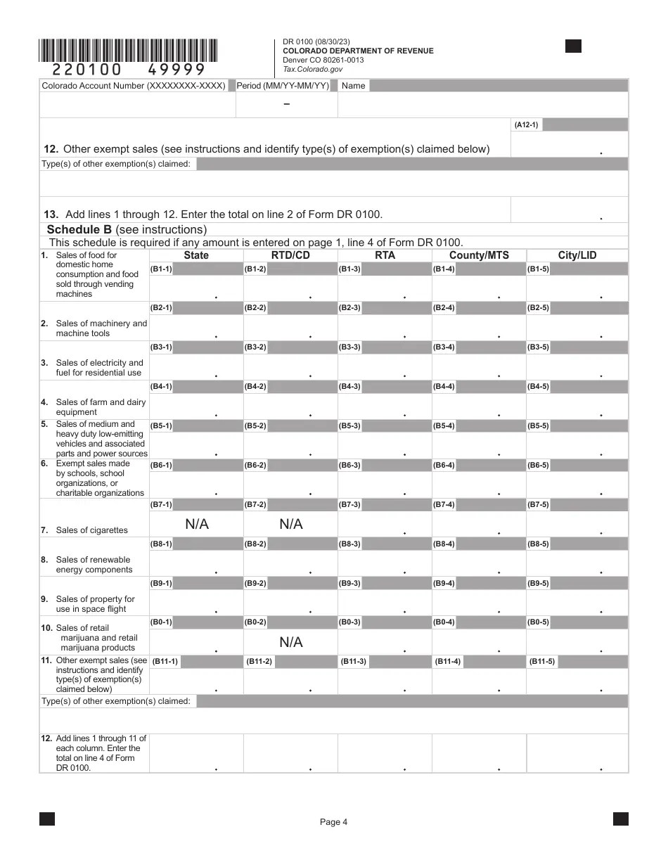 Form DR0100 Download Fillable PDF or Fill Online Colorado Retail Sales Tax Return, Colorado