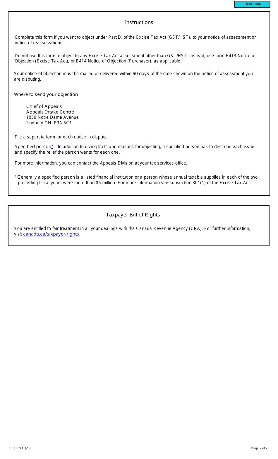 Form GST159 Download Fillable PDF or Fill Online Notice of Objection