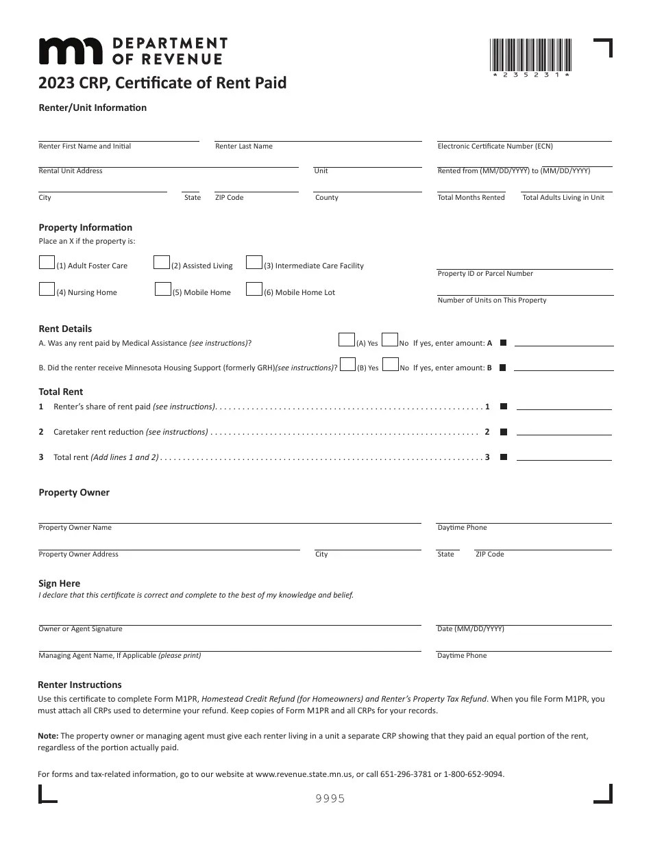 Form CRP Download Fillable PDF or Fill Online Certificate of Rent Paid 2023, Minnesota