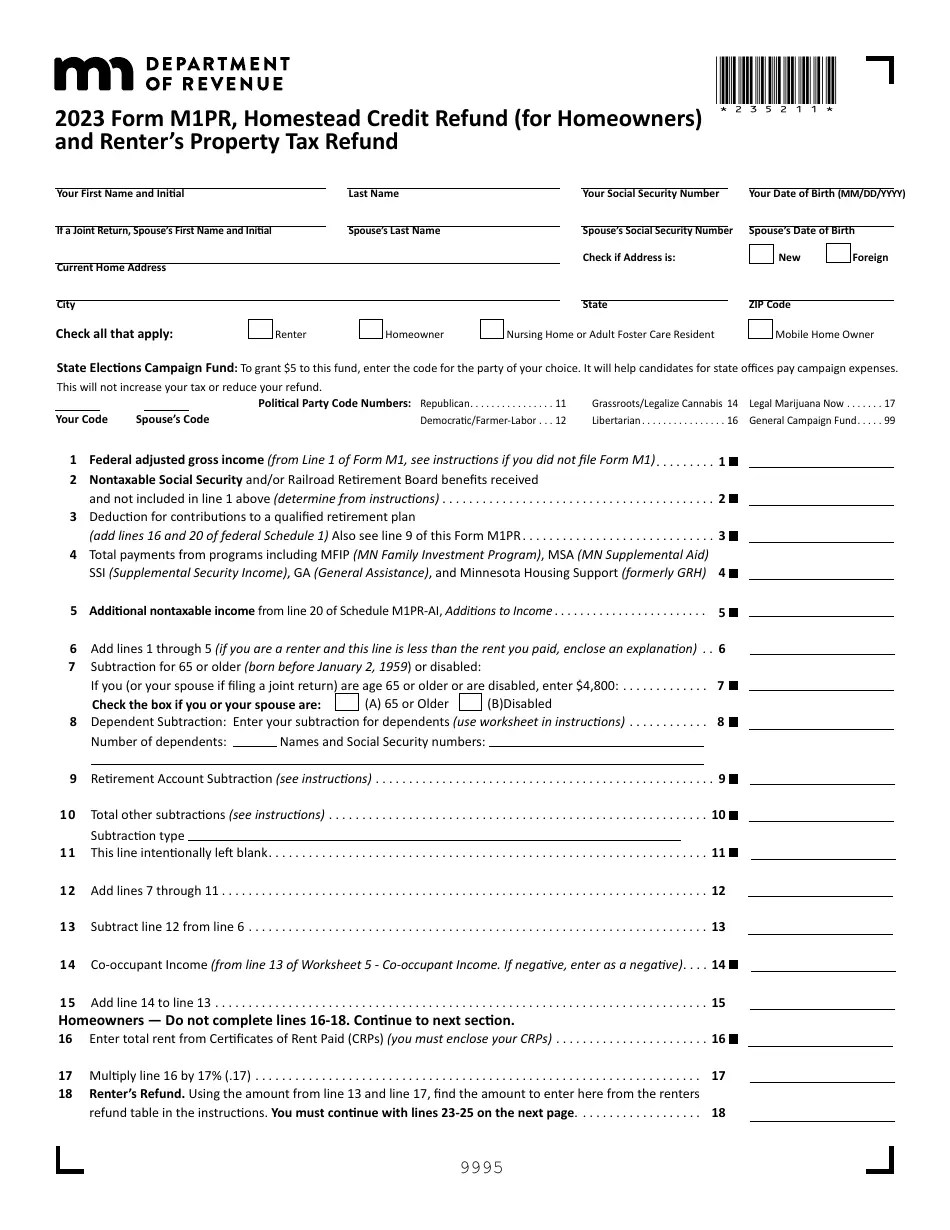 Form M1PR Download Fillable PDF or Fill Online Homestead Credit Refund