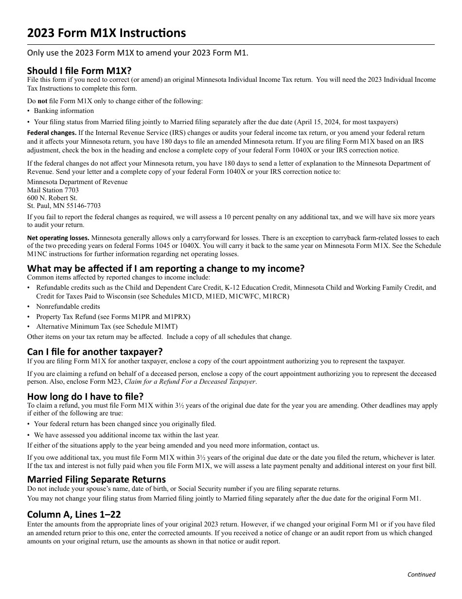 Form M1X Download Fillable PDF or Fill Online Amended Minnesota