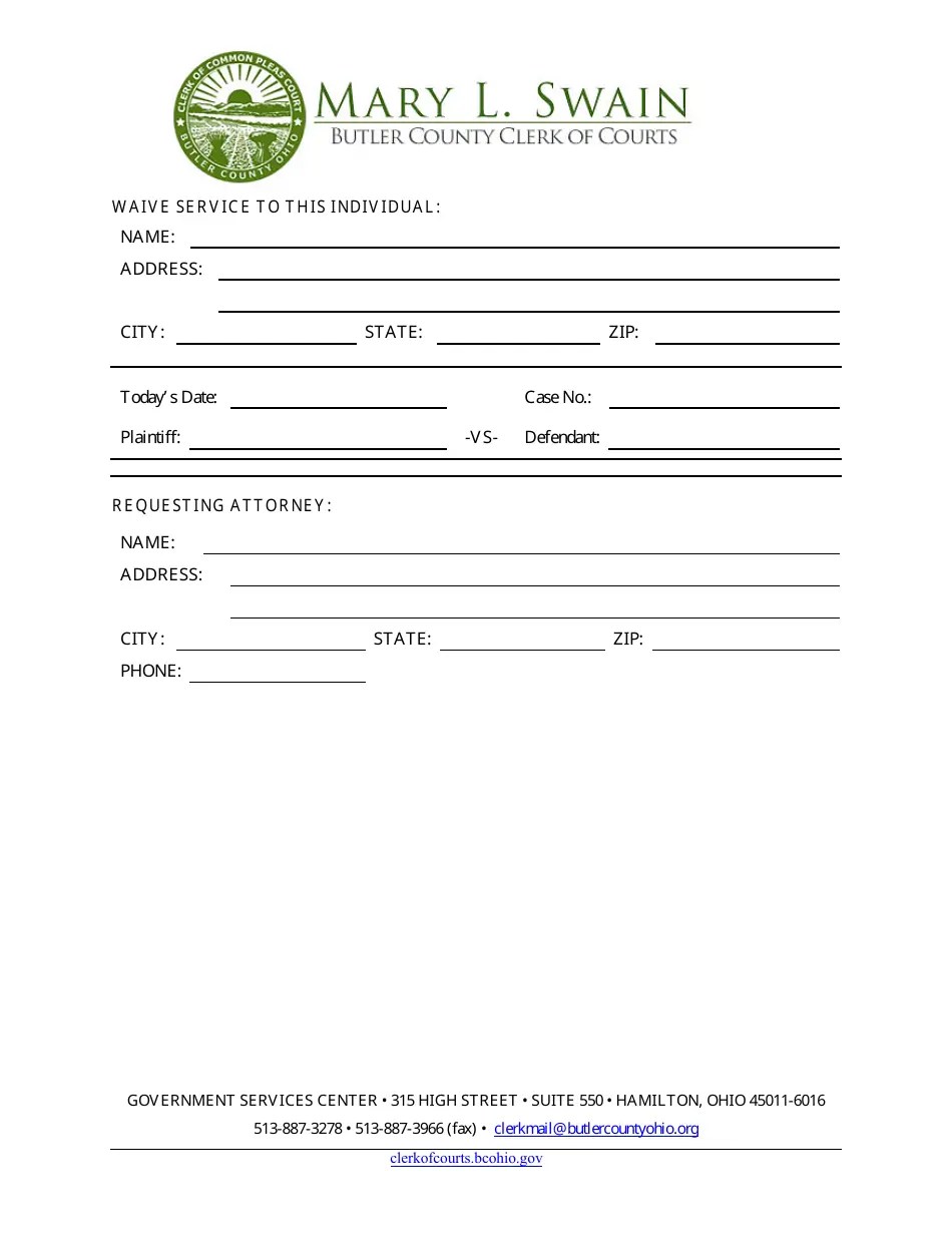 Butler County, Ohio Waiver of Service Fill Out, Sign Online and