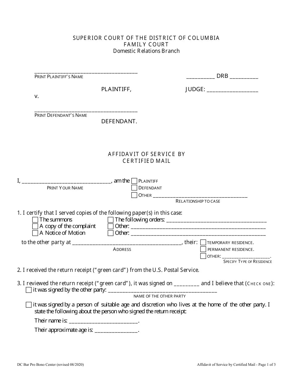Washington, D.C. Affidavit of Service by Certified Mail Fill Out