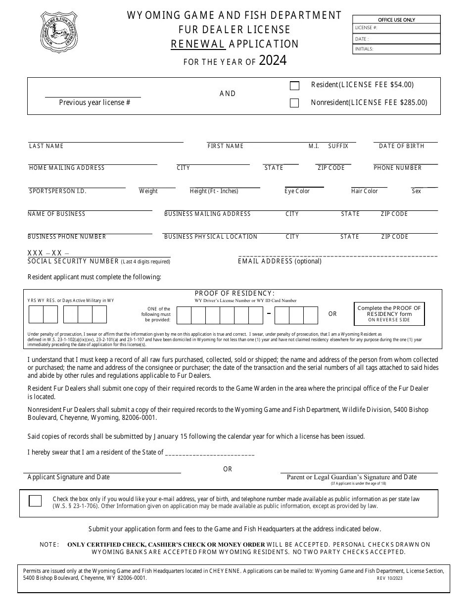 2024 Wyoming Fur Dealer License Renewal Application Fill Out, Sign