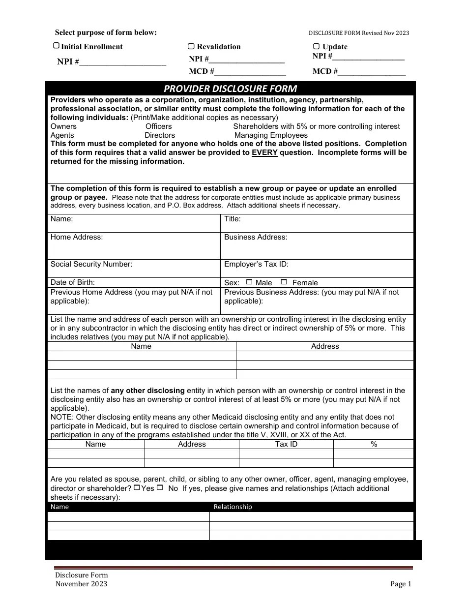 Alabama Provider Disclosure Form Download Printable PDF Templateroller