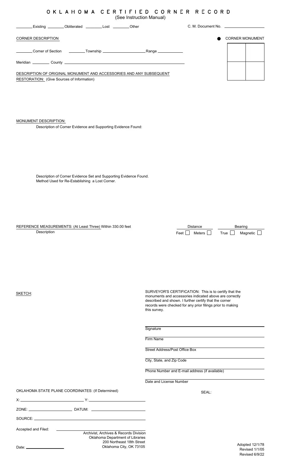 Oklahoma Certified Corner Record Form Fill Out, Sign Online and