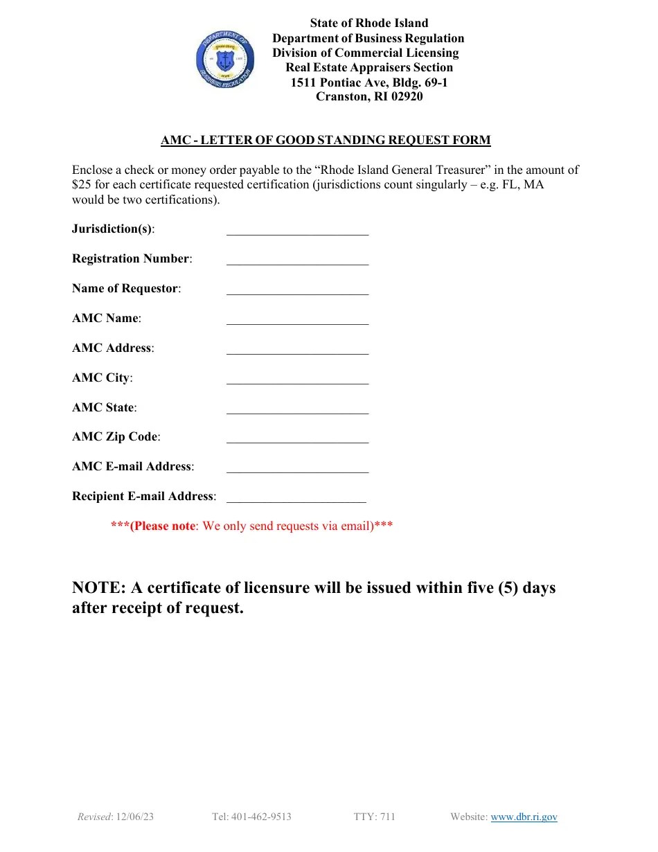 Rhode Island AMC Letter of Good Standing Request Form Download