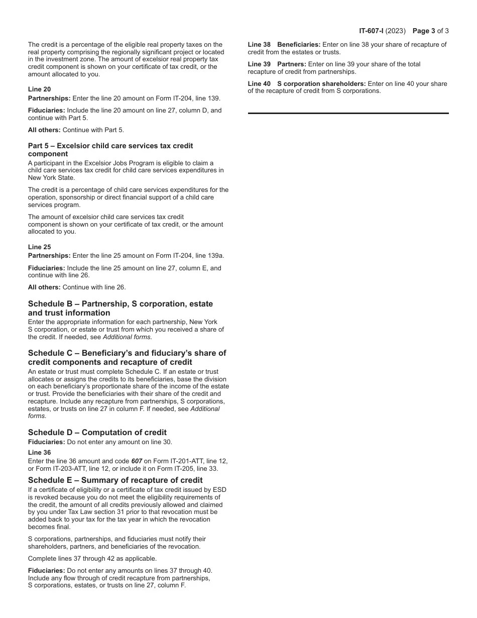 Download Instructions for Form IT607 Claim for Excelsior Jobs Program