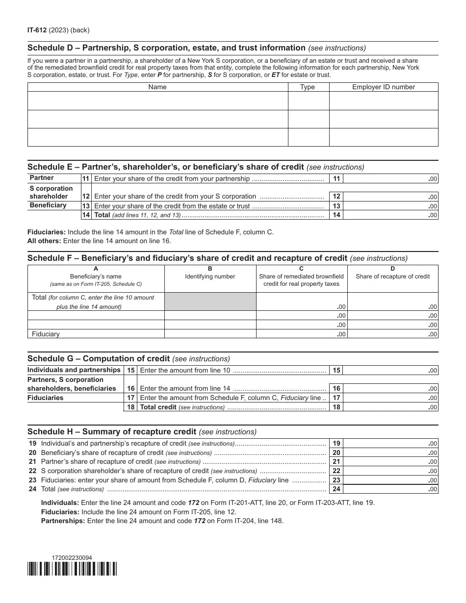 Form IT612 Download Fillable PDF or Fill Online Claim for Remediated Brownfield Credit for Real
