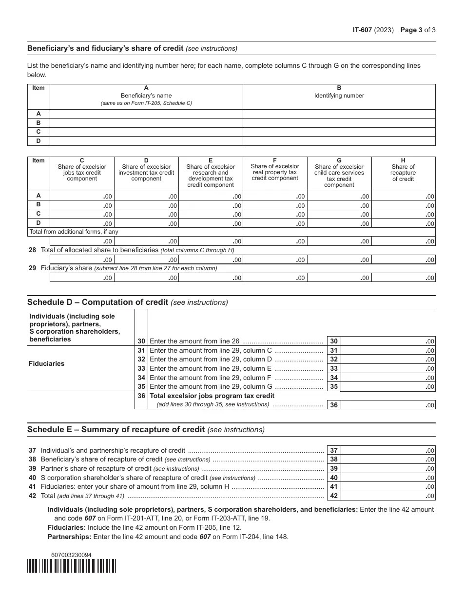 Form IT607 Download Fillable PDF or Fill Online Claim for Excelsior