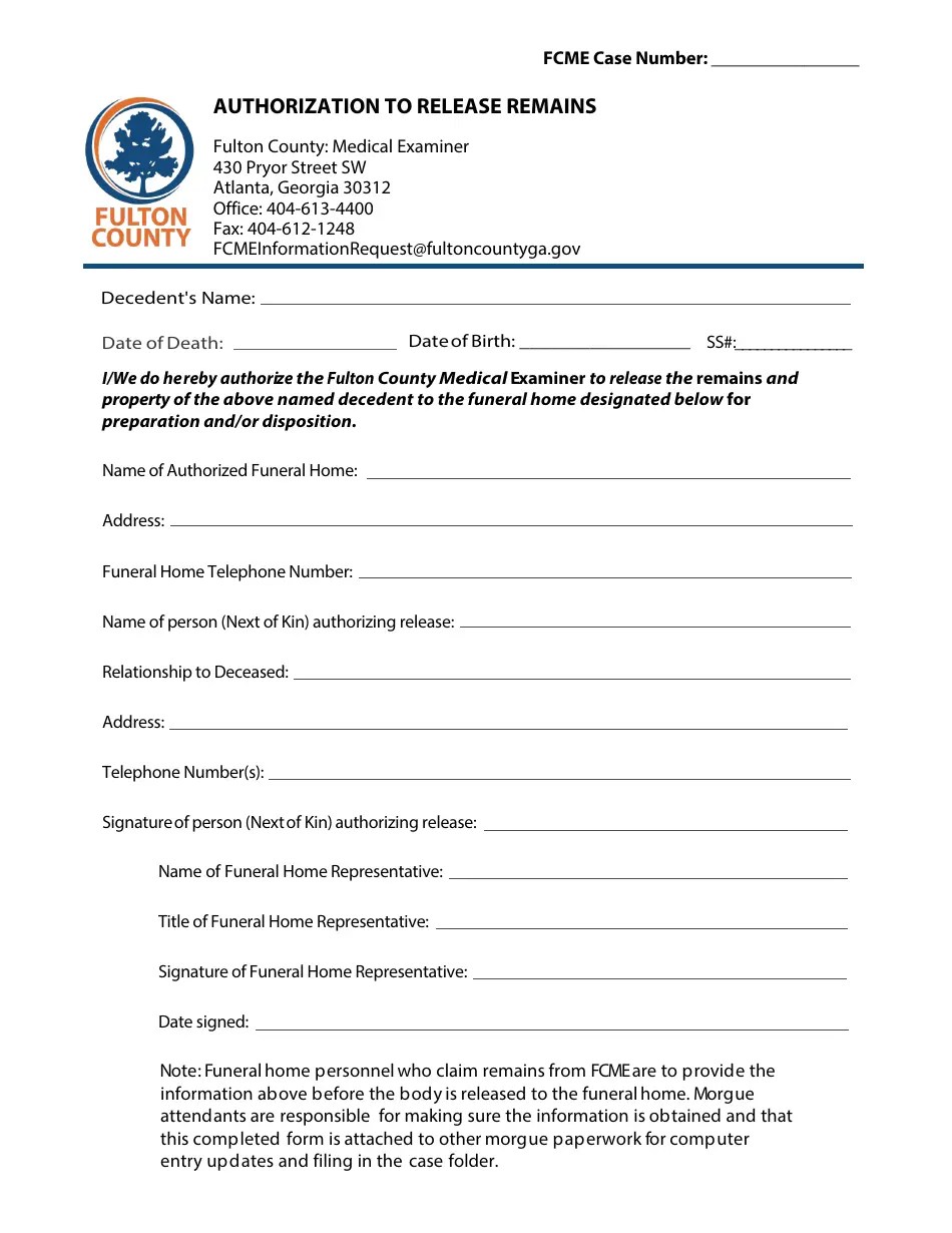 Fulton County, (United States) Authorization to Release Remains