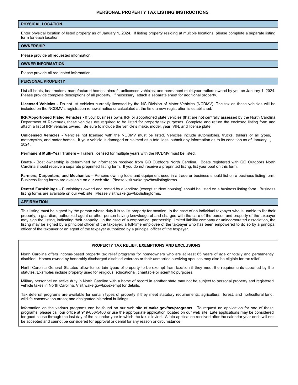 2024 Wake County, North Carolina Personal Property Tax Listing Fill