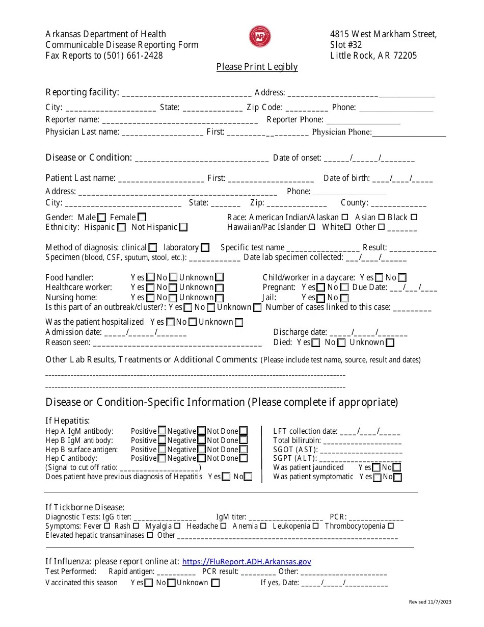 Arkansas Communicable Disease Reporting Form Download Fillable PDF 2022