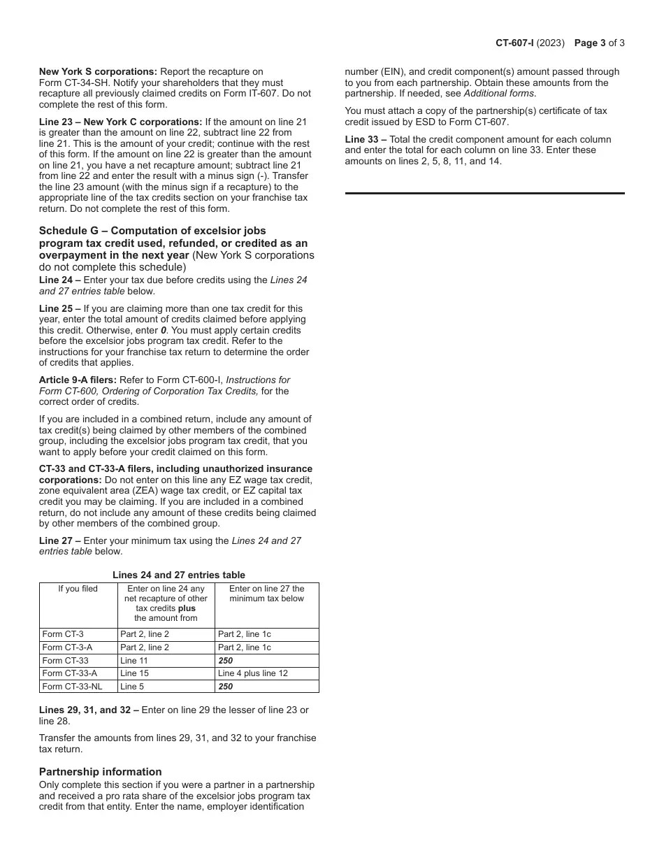 Download Instructions for Form CT607 Claim for Excelsior Jobs Program