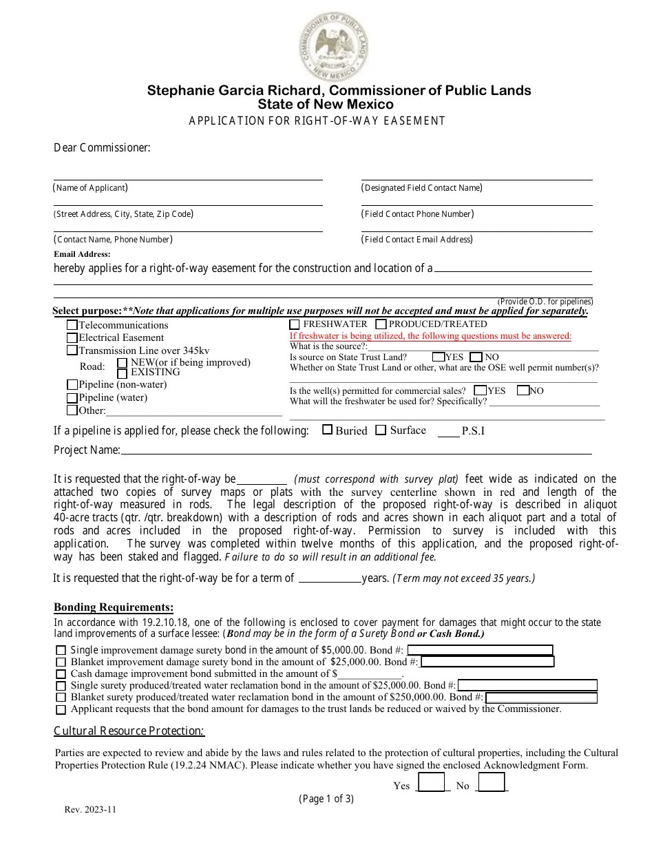 New Mexico Application for RightOfWay Easement Fill Out, Sign