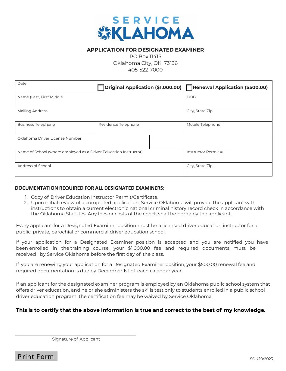 Oklahoma Application for Designated Examiner Fill Out, Sign Online