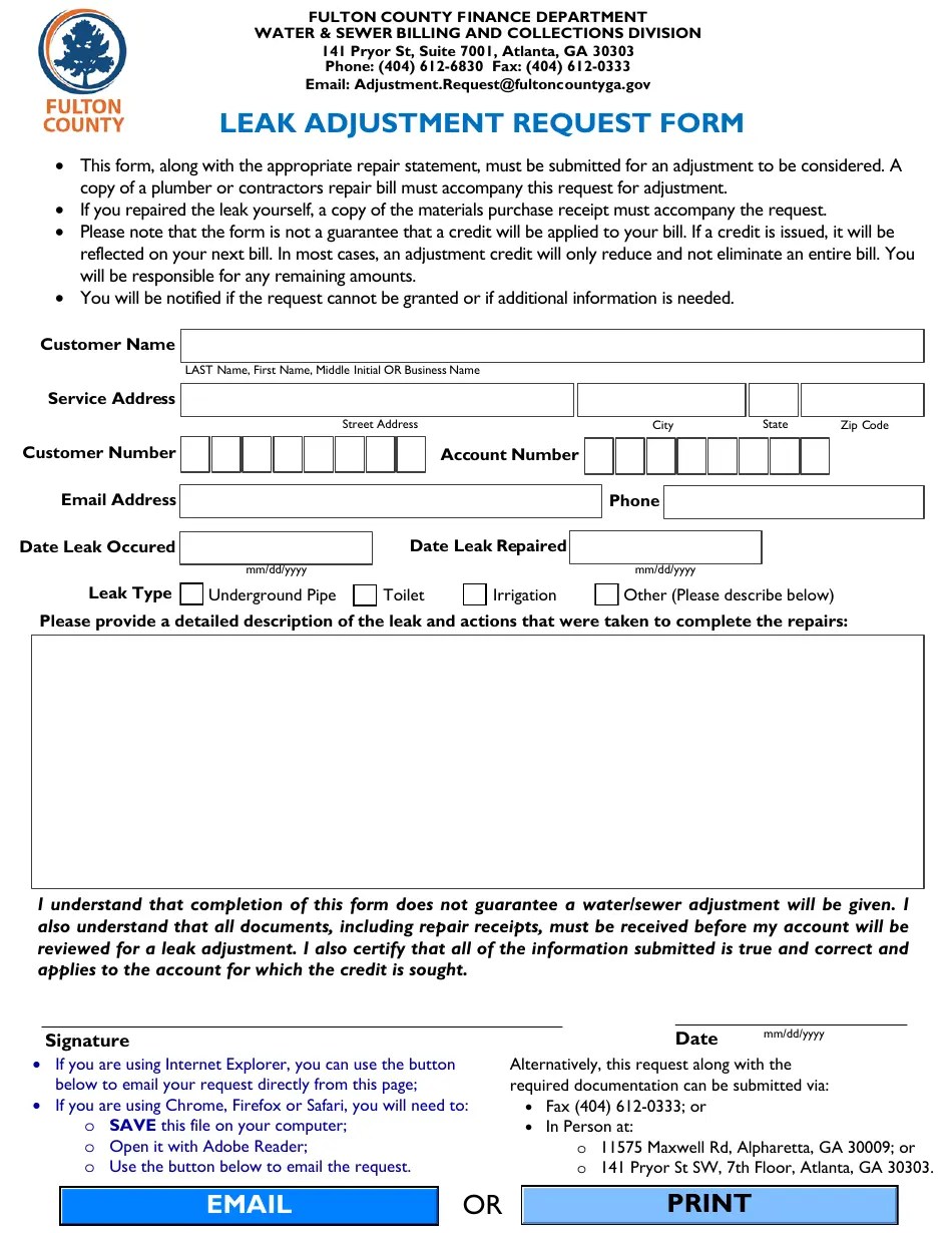 Fulton County, (United States) Leak Adjustment Request Form