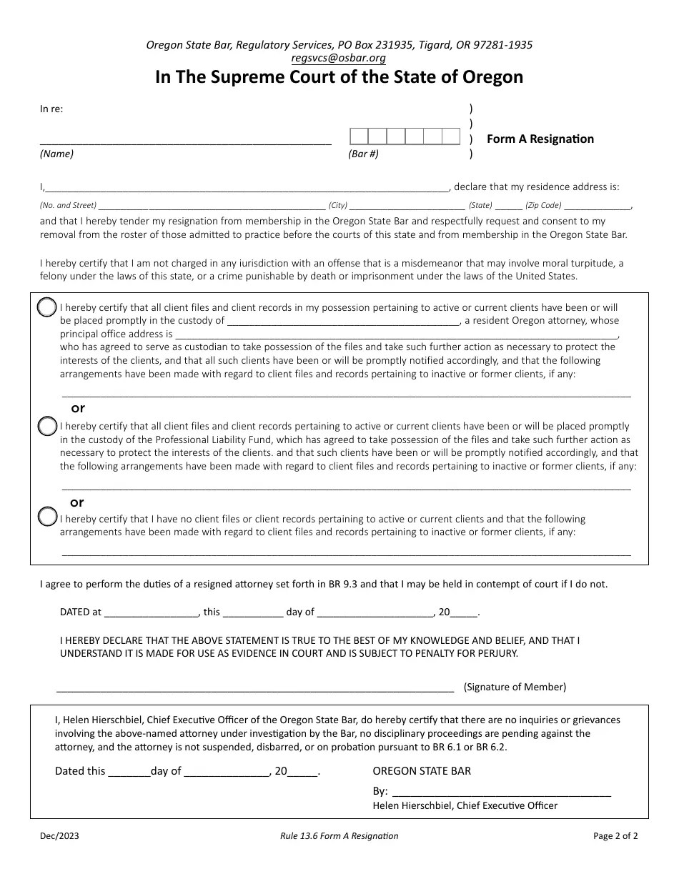 Form A Download Fillable PDF or Fill Online Resignation, Oregon 2020 — 2024 Templateroller