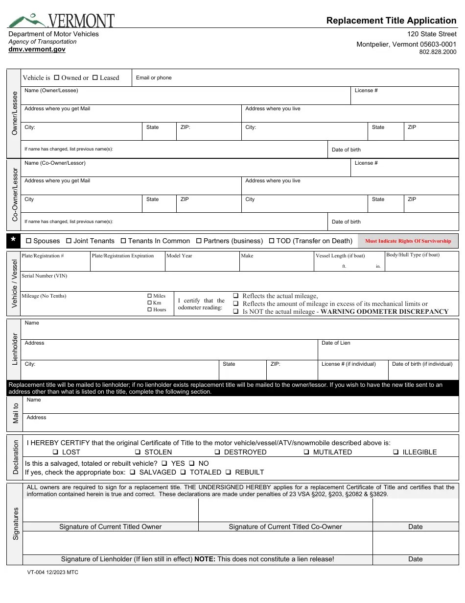 Form VT004 Download Fillable PDF or Fill Online Replacement Title