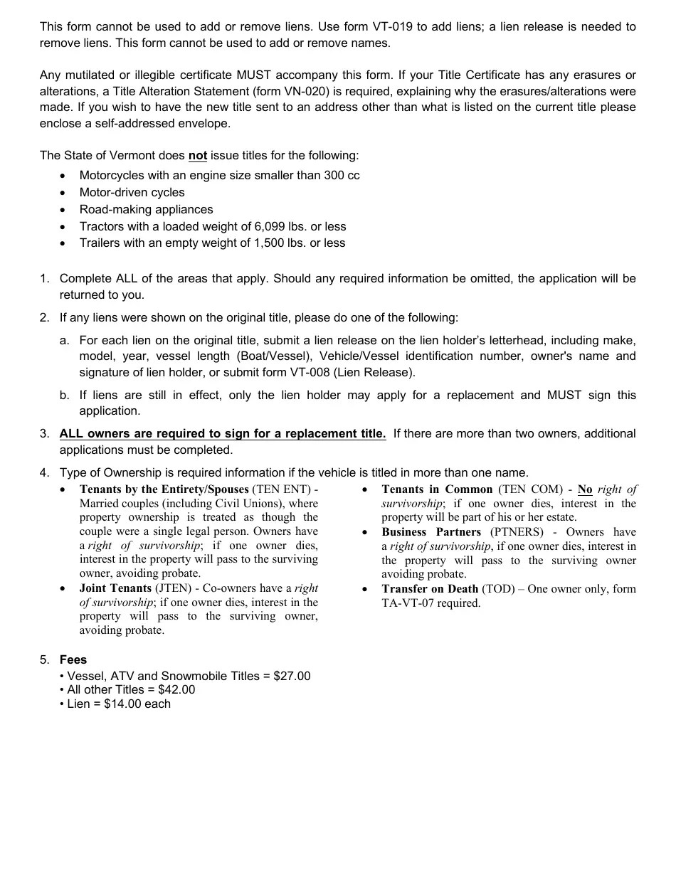 Form VT004 Download Fillable PDF or Fill Online Replacement Title