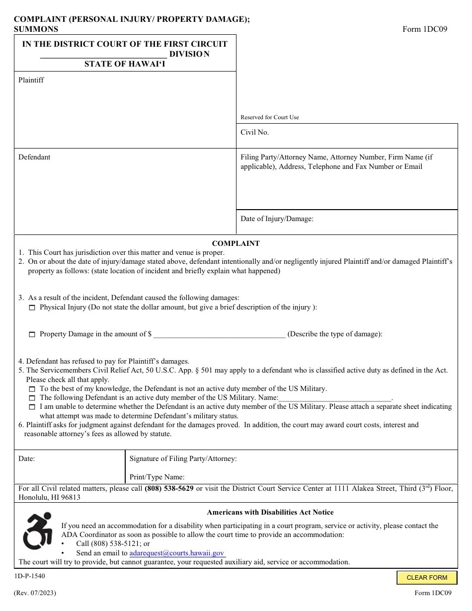 Form 1DC09 Download Fillable PDF or Fill Online Complaint (Personal