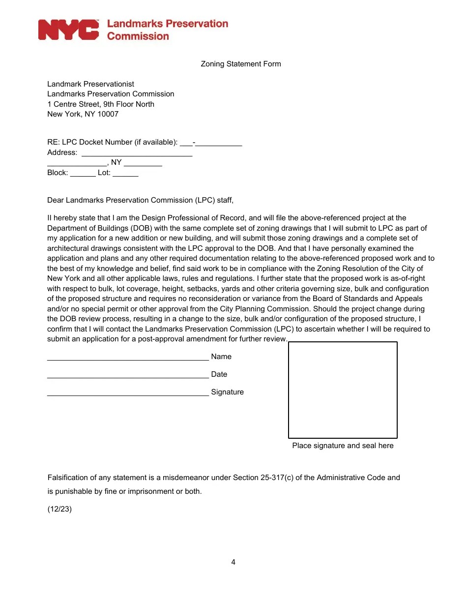 New York City Zoning Statement Form Download Fillable PDF 2023 — 2024