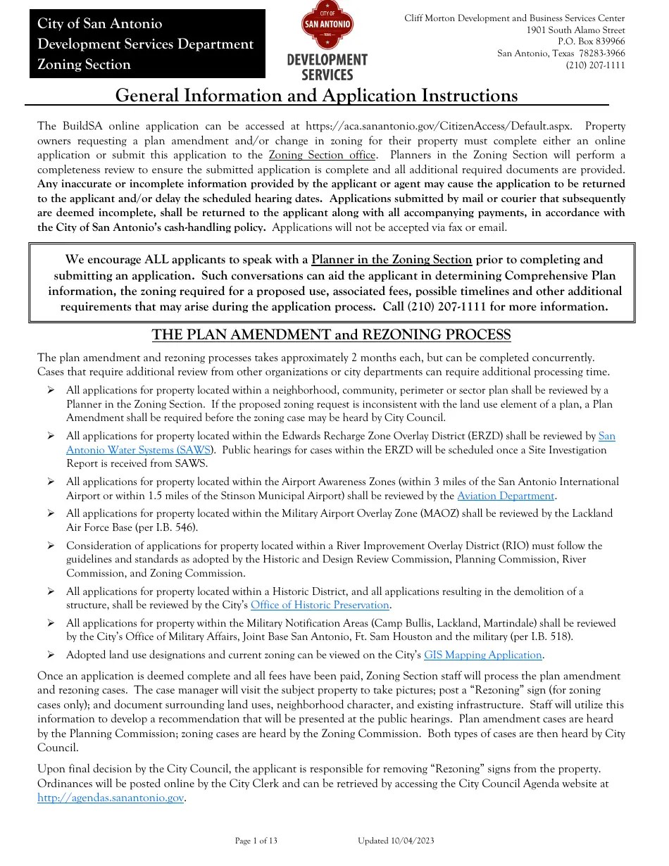 City of San Antonio, Texas Application for Change of Zoning/Plan