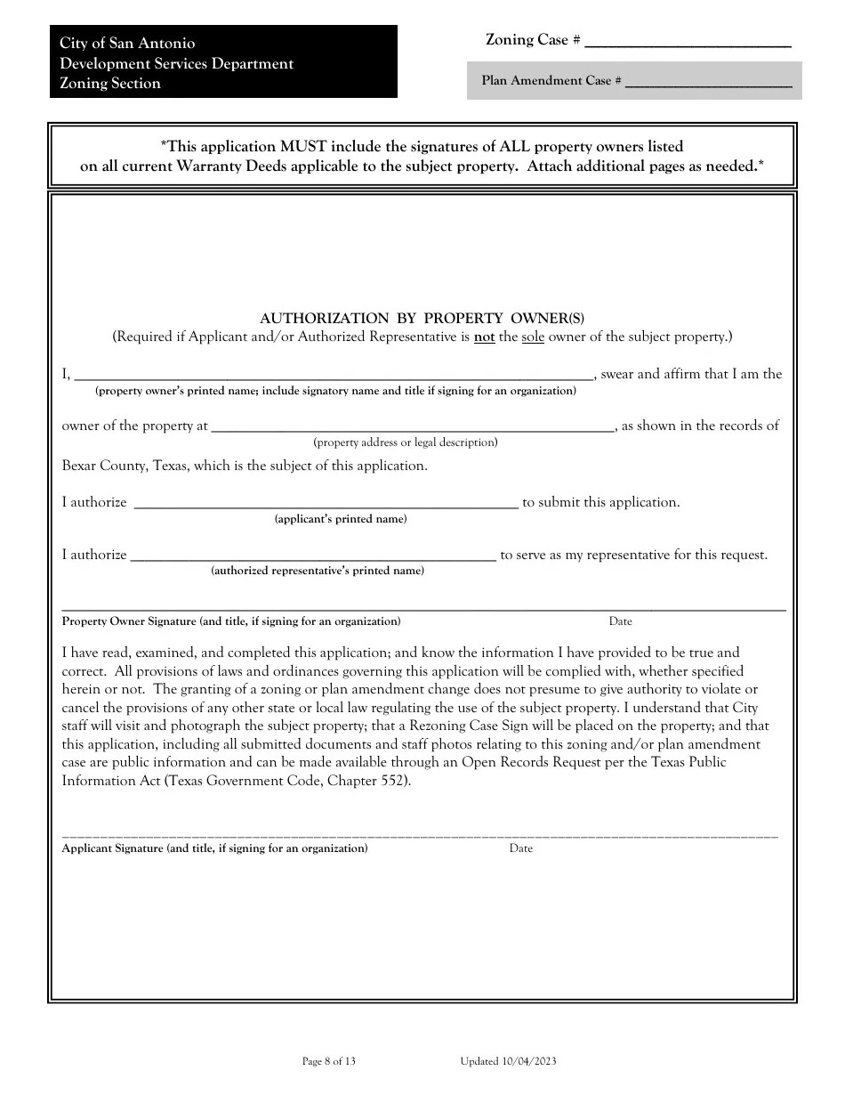 City of San Antonio, Texas Application for Change of Zoning/Plan