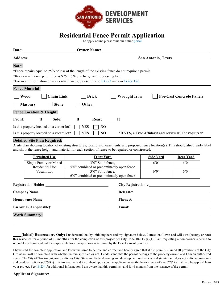 City of San Antonio, Texas Residential Fence Permit Application