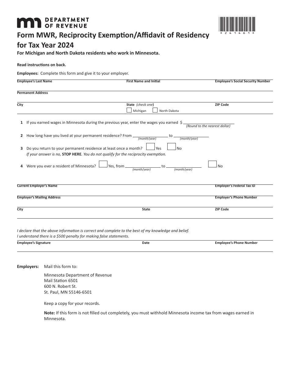 Form MWR Download Fillable PDF or Fill Online Reciprocity Exemption