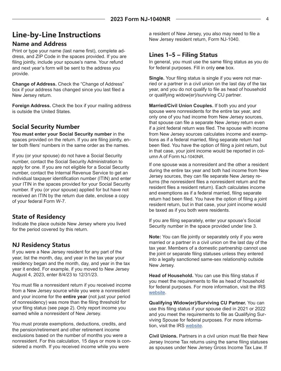 Download Instructions for Form NJ1040NR New Jersey Nonresident