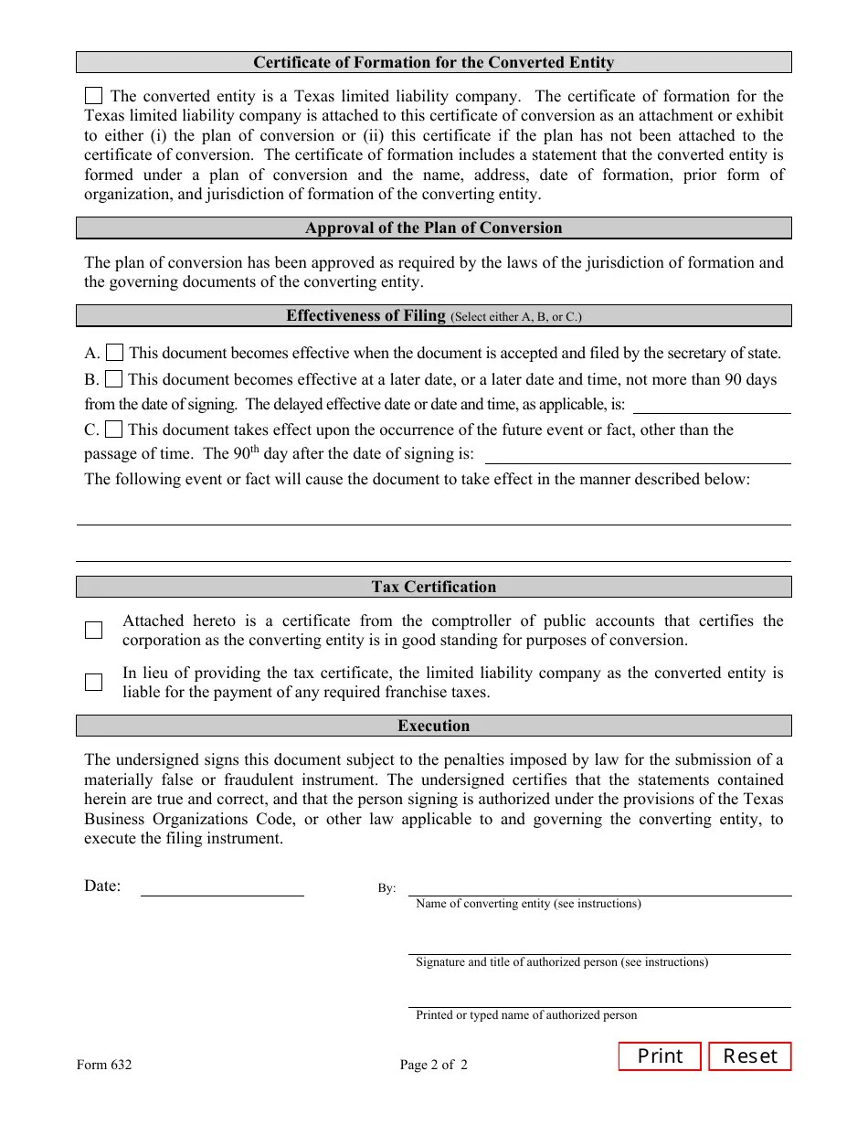 Form 632 Download Fillable PDF or Fill Online Certificate of Conversion