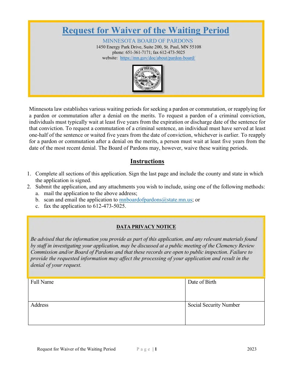 Minnesota Request for Waiver of the Waiting Period Download Fillable