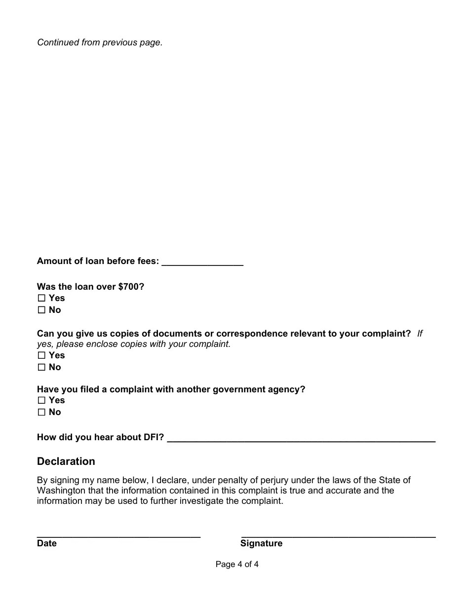 Washington Payday Loan Complaint Fill Out, Sign Online and Download