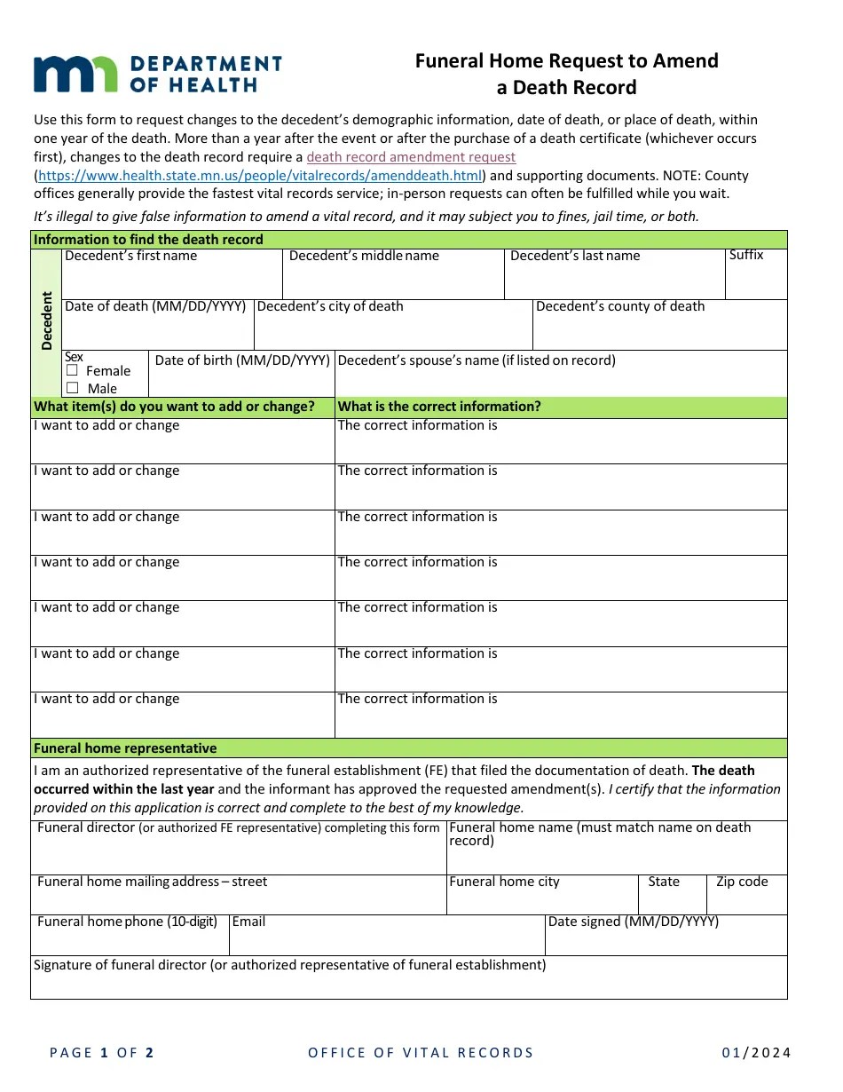 Minnesota Funeral Home Request to Amend a Death Record Fill Out, Sign