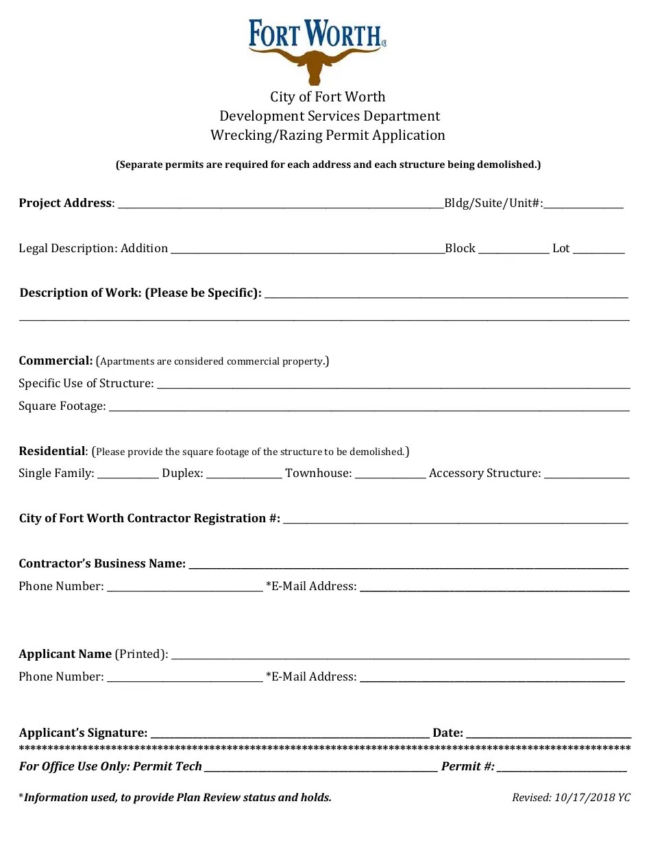 City of Fort Worth, Texas Wrecking/Razing Permit Application Fill Out