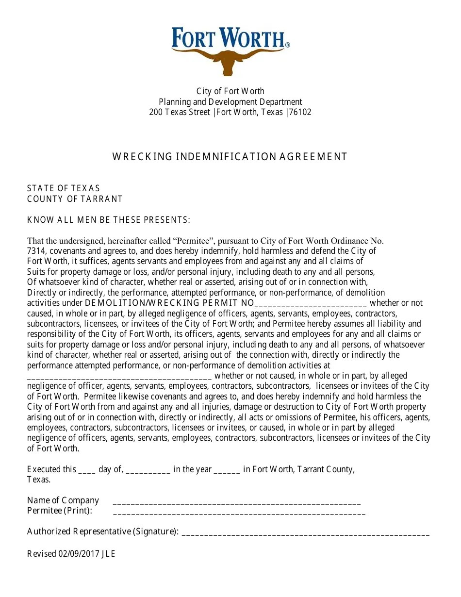 City of Fort Worth, Texas Wrecking/Razing Permit Application Fill Out