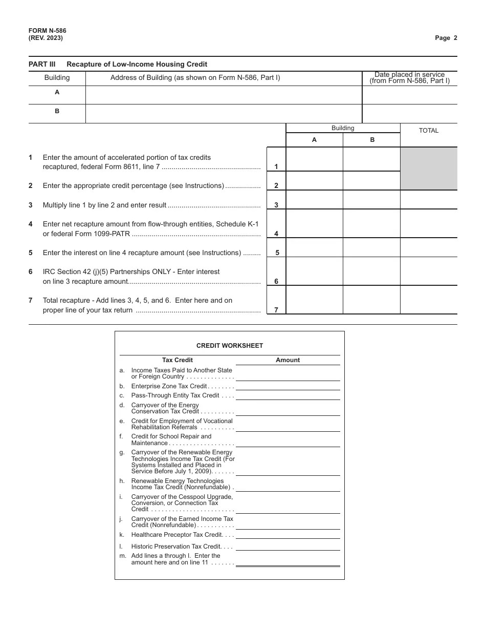 Form N586 Download Fillable PDF or Fill Online Tax Credit for Housing, Hawaii