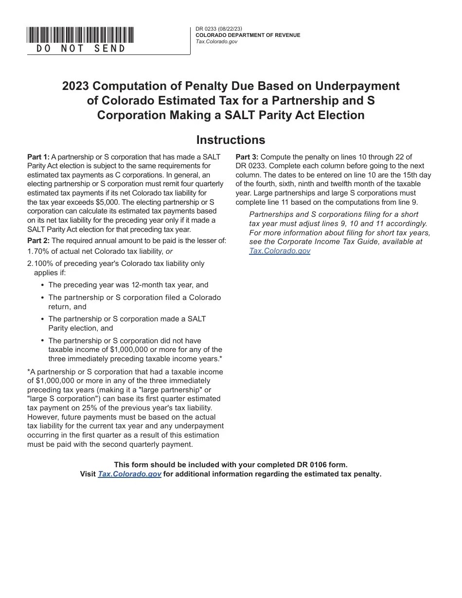 Form DR0233 2023 Fill Out, Sign Online and Download Fillable PDF, Colorado Templateroller