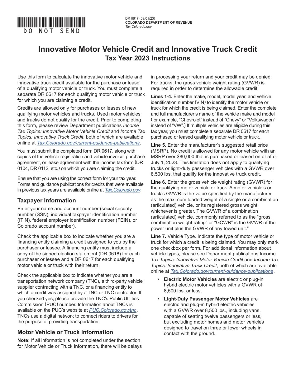 Form DR0617 Download Fillable PDF or Fill Online Innovative Motor Vehicle and Truck Credits