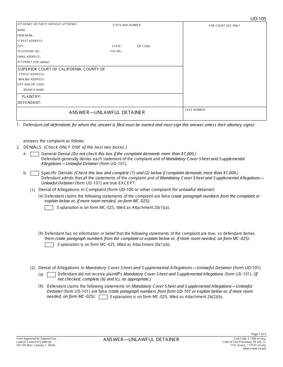 Form UD105 Download Fillable PDF or Fill Online Answer Unlawful