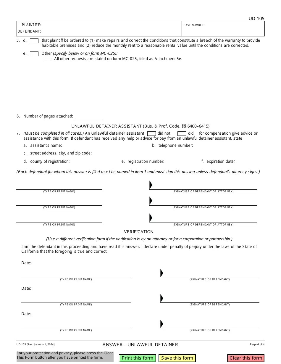 Form UD105 Download Fillable PDF or Fill Online Answer Unlawful